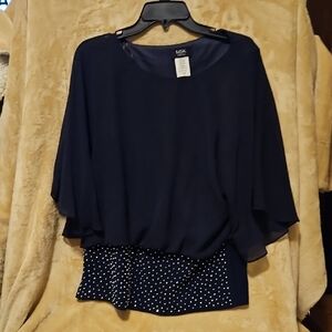 MSK Dark Blue Blouse with Polka Dot Trim